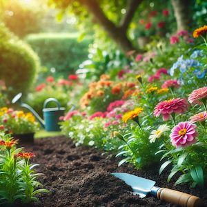 A serene garden scene with a person working on planting flowers