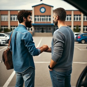 Two fathers meeting and shaking hands in a school parking lot